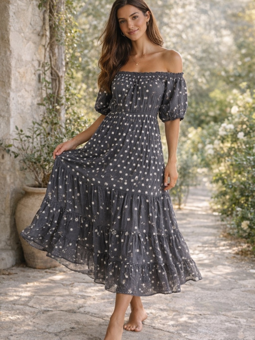 Doen Off Shoulder Midi Dress Gray Embroidered Puff Sleeve Romantic M